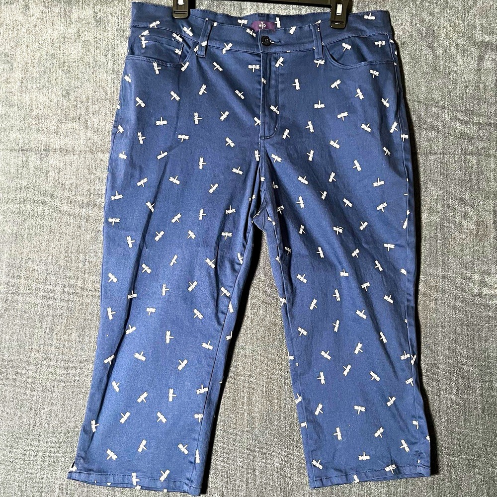 NYDJ Womens Blue Dragonfly Print Capri Pants Slim Stretch Pockets Size 14